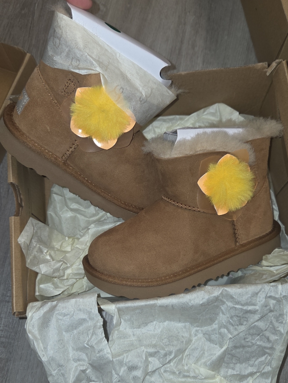 UGG Kids Chestnut Suede Boots with Yellow Pom Flower